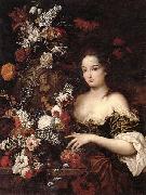 Gaspar Peeter Verbrugghen the younger A still life of various flowers with a young lady beside an urn oil painting